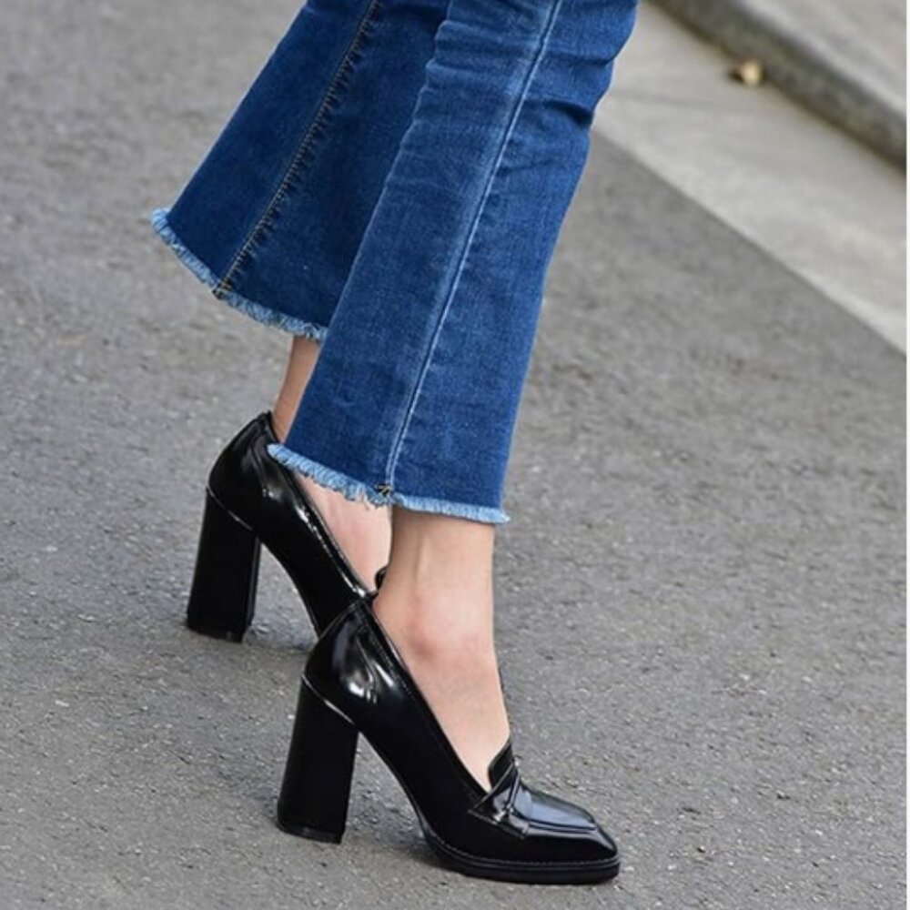 FOWT Black High Block Heels Loafers Square Toe Pumps Comfortable Walking Shoes